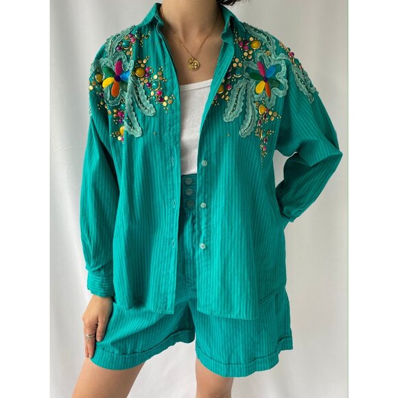 80s vintage embellished funky button up shirt shorts 2 piece matching coord set - Picture 2 of 11
